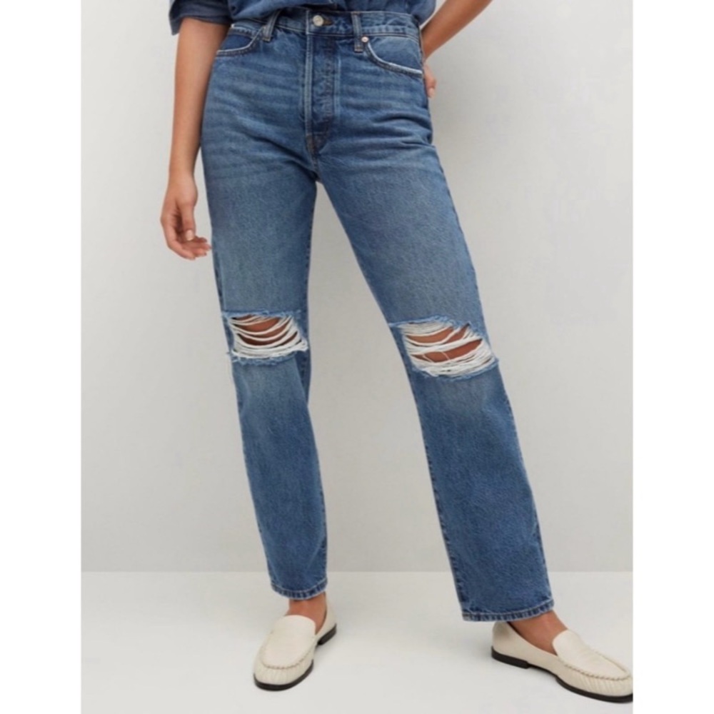 Mango Medium Wash Busted Knee Distressed Mom Jeans 2